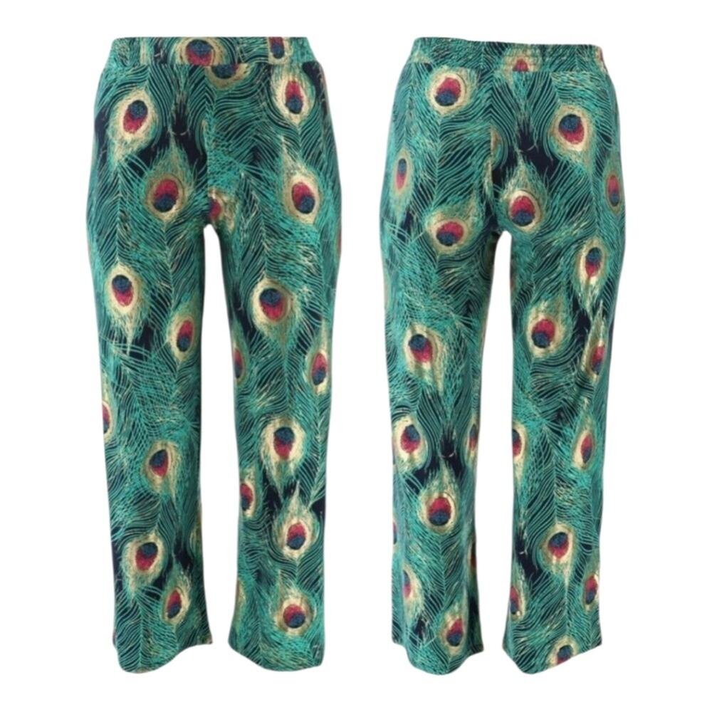Iman Peacock Feather Print Pants Wide Leg Boho Bohemian Lounge Trousers 3XT TALL